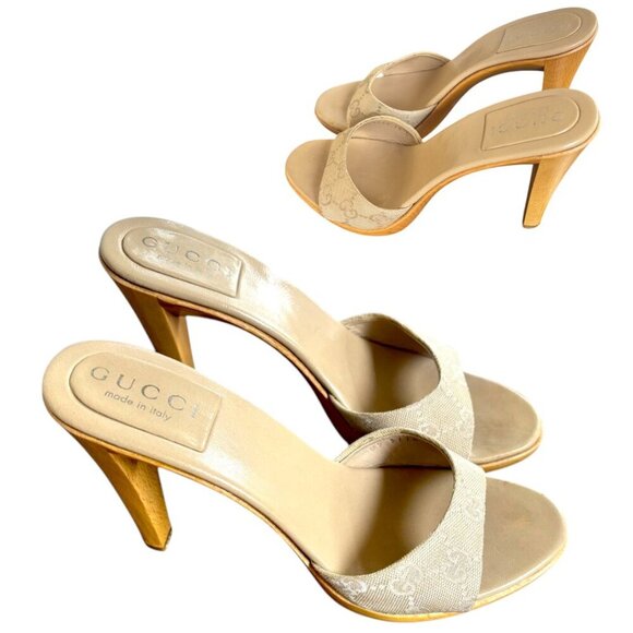 90'S Y2K AUTHENTIC GUCCI NUDE LOGO MONOGRAM SANDALS SLIDES HEELS US 6 EUC - Picture 3 of 7